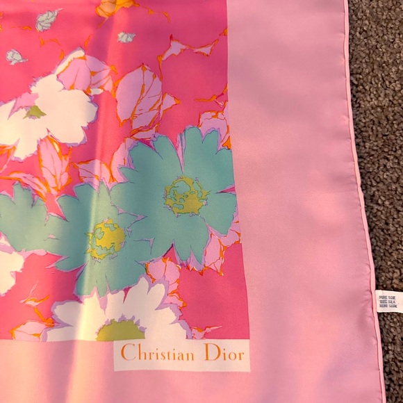 Christian Dior 100% silk 30X30 spring pink flowers vintage scarf made in France